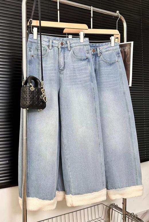 D121810冬季新款拼接羊羔毛高腰复合绒加厚直筒九分牛仔裤 商品图9