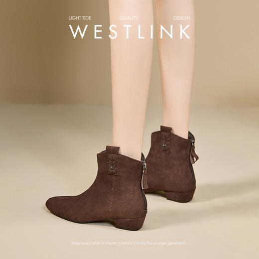 西遇复古绒面瘦瘦靴女冬季新款法式方头粗跟短筒弹力靴子V0057359 商品图2