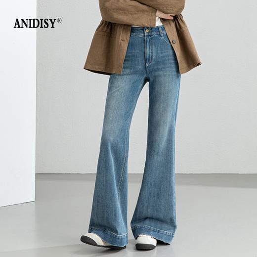 春夏复古高腰拉链弹力舒适微喇牛仔裤 商品图0