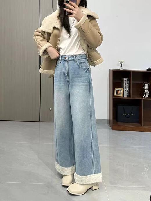 D121810冬季新款拼接羊羔毛高腰复合绒加厚直筒九分牛仔裤 商品图5