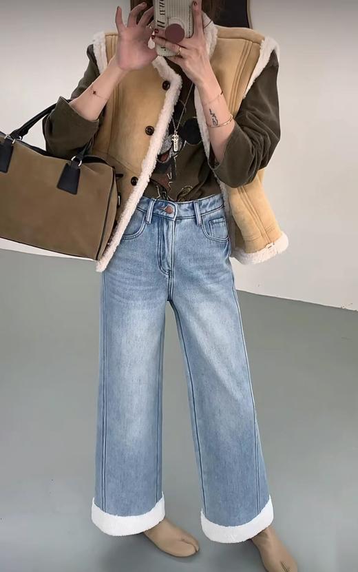 D121810冬季新款拼接羊羔毛高腰复合绒加厚直筒九分牛仔裤 商品图4