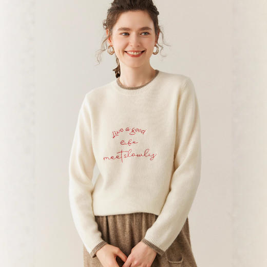 洛诗琳气质撞色圆领羊绒衫2025秋冬加厚宽松针织毛衣rig15609 商品图1