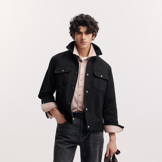 森马夹克男春季经典纯色翻领针织外套简约百搭前胸翻盖口袋上衣潮 商品图2