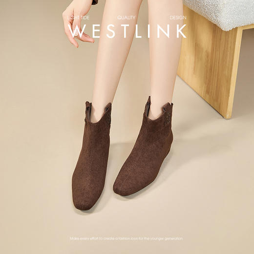 西遇复古绒面瘦瘦靴女冬季新款法式方头粗跟短筒弹力靴子V0057359 商品图0