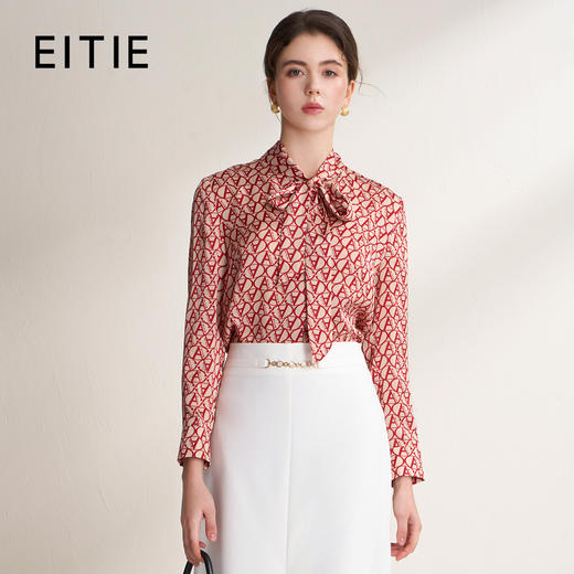 EITIE爱特爱复古飘带气质通勤直筒显瘦印花衬衫上衣2025春季新款8109806 商品图0