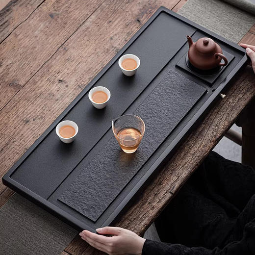 尚置丨乌金石茶盘 禅意 整块天然石头 茶海排水托盘 简约茶台家用小茶台 商品图0