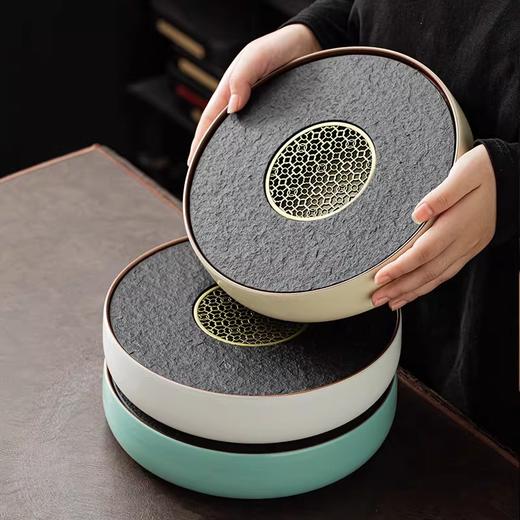 尚置丨汝窑圆窗茶盘 圆形茶盘 家用储水 轻奢高档 陶瓷干泡小茶台 汝窑茶海 茶托盘 商品图4