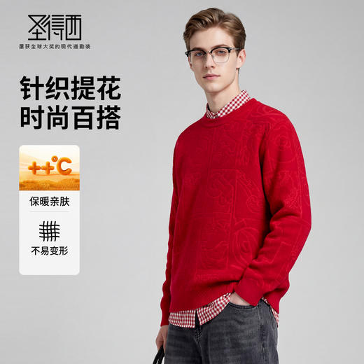 圣得西2025年冬季新款男士厚毛衫新中式提花圆领不易起球针织衫 商品图1