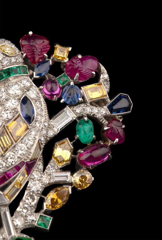 独角鹿西洋古董20世纪欧洲出品天堂鸟造型铂金镶嵌红宝石黄钻蓝宝石祖母绿及钻石胸针 商品图4