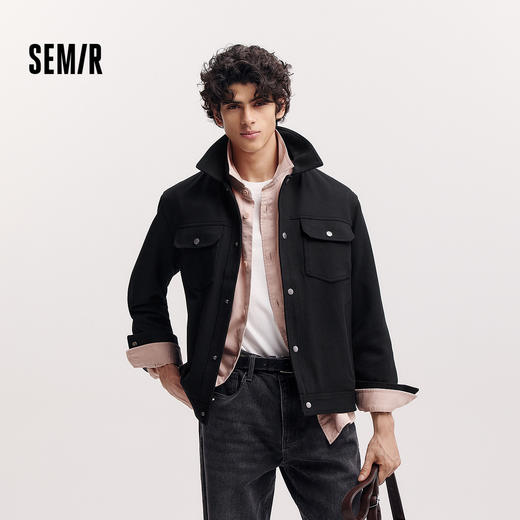 森马夹克男春季经典纯色翻领针织外套简约百搭前胸翻盖口袋上衣潮 商品图0