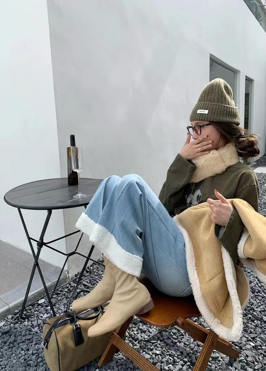 D121810冬季新款拼接羊羔毛高腰复合绒加厚直筒九分牛仔裤 商品图7