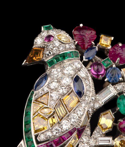 独角鹿西洋古董20世纪欧洲出品天堂鸟造型铂金镶嵌红宝石黄钻蓝宝石祖母绿及钻石胸针 商品图3