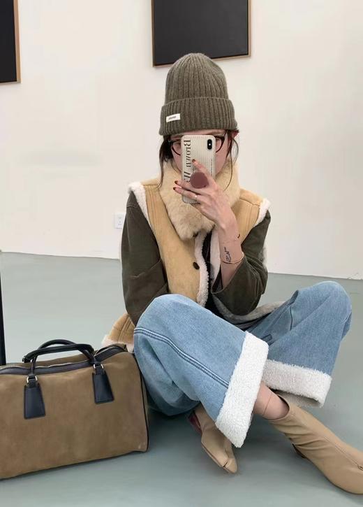 D121810冬季新款拼接羊羔毛高腰复合绒加厚直筒九分牛仔裤 商品图8