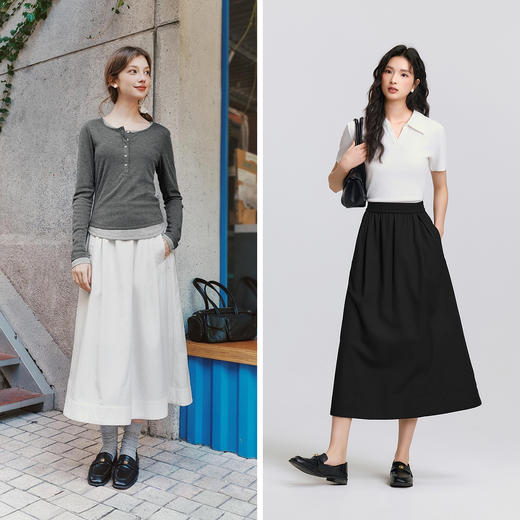 森马半身裙女春季松紧腰纯色A字伞裙遮胯百搭女士气质慵懒风长裙 商品图4