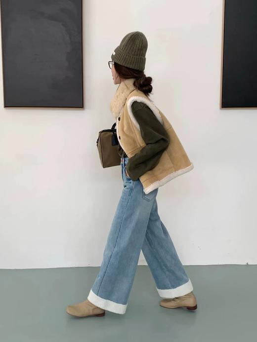 D121810冬季新款拼接羊羔毛高腰复合绒加厚直筒九分牛仔裤 商品图6