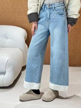 D121810冬季新款拼接羊羔毛高腰复合绒加厚直筒九分牛仔裤