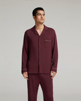 官网749！爱家AW沁润睡眠衣翻领开衫长袖长裤 秋冬加厚莫代尔棉家居服套装  男士睡衣新年本命年波尔多红