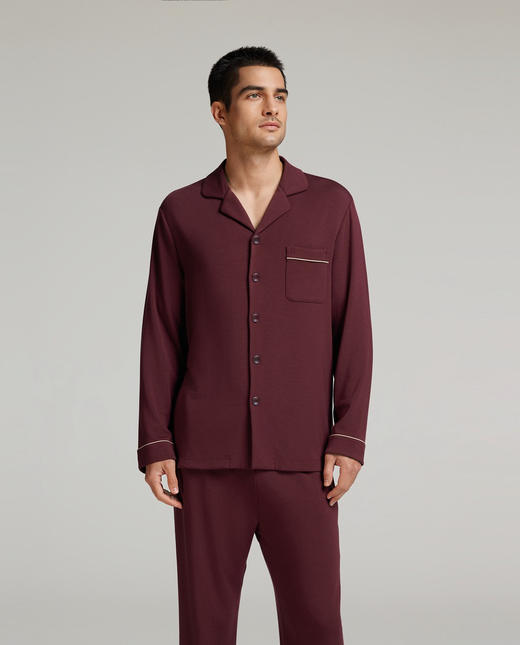官网749！爱家AW沁润睡眠衣翻领开衫长袖长裤 秋冬加厚莫代尔棉家居服套装  男士睡衣新年本命年波尔多红 商品图0