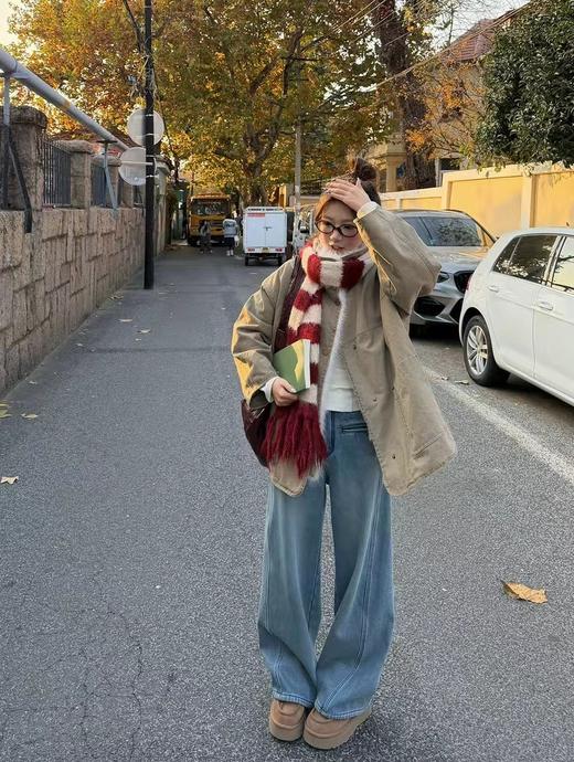 D121812冬季加绒加厚弯刀牛仔裤一字假口袋高腰显瘦阔腿牛仔裤（配腰带） 商品图6