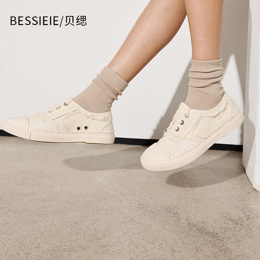 BESSIEIE休闲补丁帆布鞋时尚低帮小白鞋 商品图2