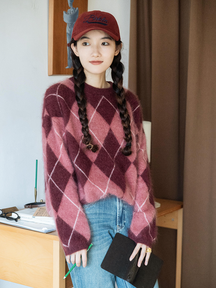 知识分子18支纯羊毛菱格纹拉毛毛衫FCF3WST137