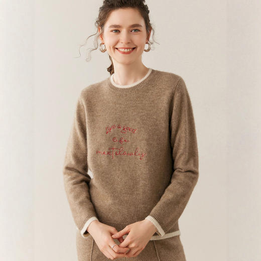 洛诗琳气质撞色圆领羊绒衫2025秋冬加厚宽松针织毛衣rig15609 商品图2