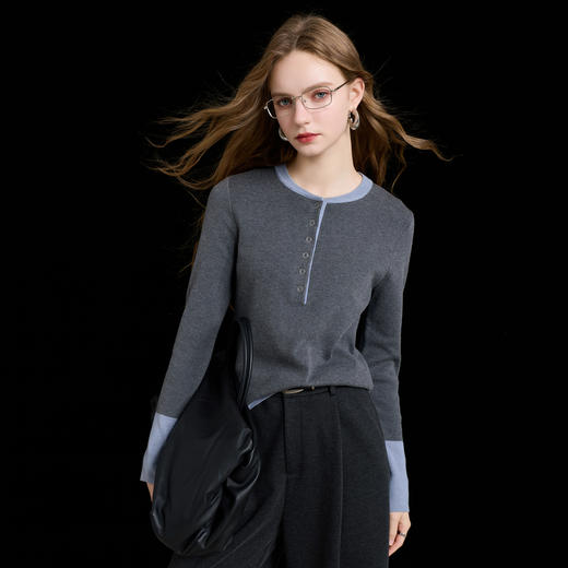 三彩2026春季新款圆领针织衫长袖简约套头衫上衣显瘦百搭M 商品图2