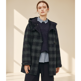 Famecoco范可儿学院风格纹连帽羊毛双面尼大衣外套短款FAD8AR106