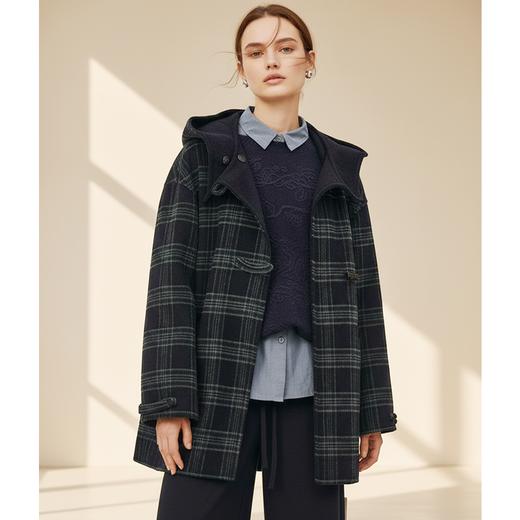 Famecoco范可儿学院风格纹连帽羊毛双面尼大衣外套短款FAD8AR106 商品图0