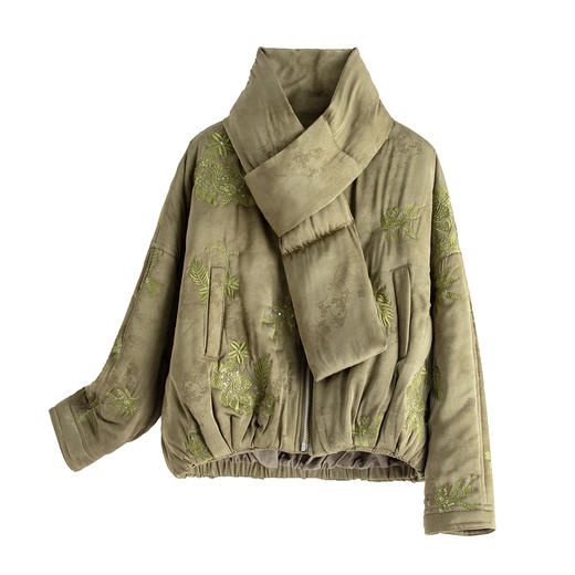 HR SYY889复古风棉衣外套时尚气质优雅刺绣短款棉服配围巾 商品图4