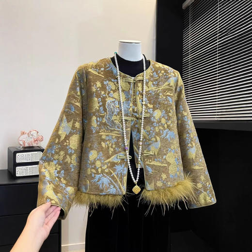 新款中式毛毛提花外套 高奢国风提花女上衣 新中式轻奢短款加棉外套 国潮美衣 商品图4