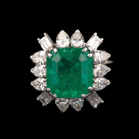 独角鹿西洋古董20世纪欧洲出品玛格丽特款花叶造型铂金镶嵌哥伦比亚祖母绿及钻石戒指