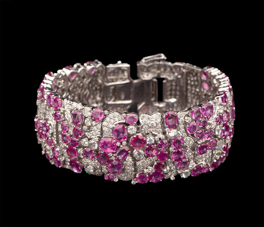 独角鹿西洋古董20世纪欧洲出品花卉叶蔓造型18K白金镶嵌红宝石及钻石手镯 商品图0