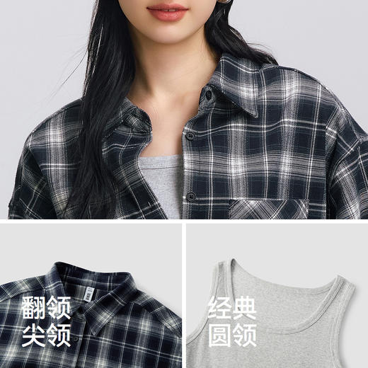 森马长袖衬衫女春季短背心宽松格纹衬衣复古港风盐系小个子两件套 商品图3