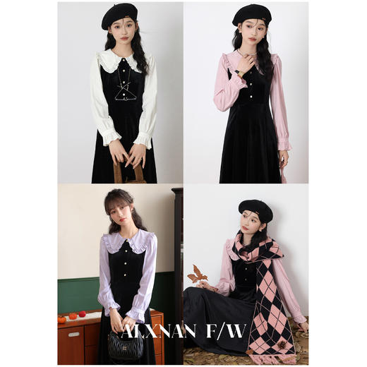 鹿向南「梦幻星辰」假两件法式桔梗娃娃领连衣裙女秋冬季收腰长裙 商品图3