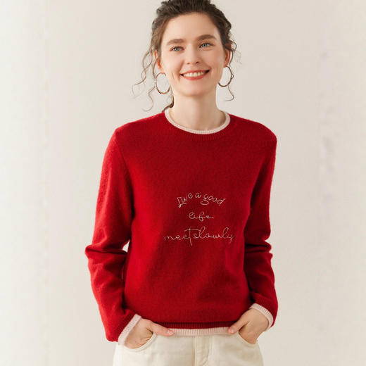 洛诗琳气质撞色圆领羊绒衫2025秋冬加厚宽松针织毛衣rig15609 商品图0