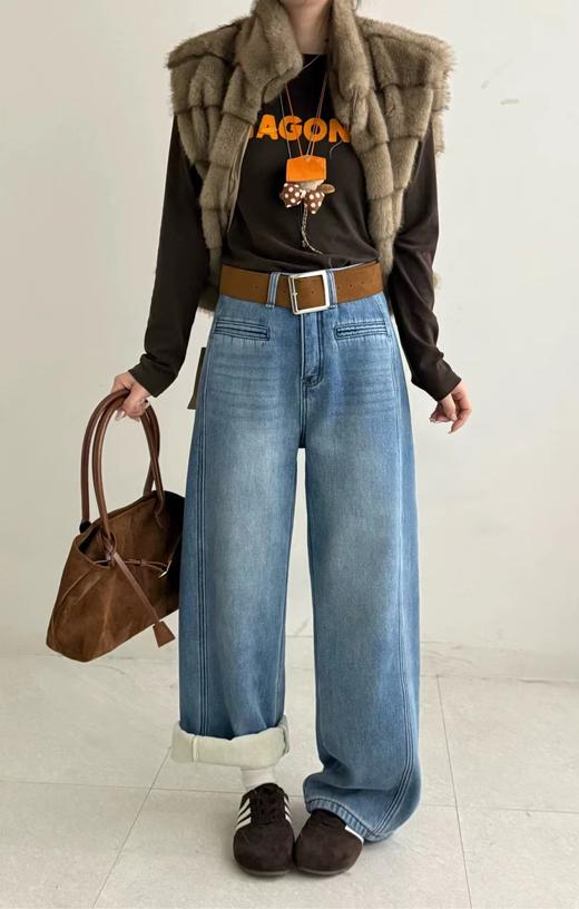 D121812冬季加绒加厚弯刀牛仔裤一字假口袋高腰显瘦阔腿牛仔裤（配腰带） 商品图2