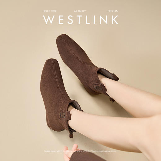 西遇复古绒面瘦瘦靴女冬季新款法式方头粗跟短筒弹力靴子V0057359 商品图1