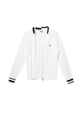 FL家新款女士针织拉链外套，最适合秋季的单品莫过于针织单品了，纯色搭配一点点撞色，款式温柔知性显气质！背面为进口机才能织出来的特殊花型提花，穿起来可可爱爱！薄款针织外套！