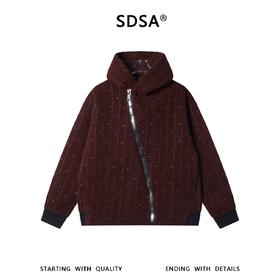 SDSA男士秋冬新款痞帅男装潮牌波浪线刺绣斜拉链连帽卫衣百搭宽松