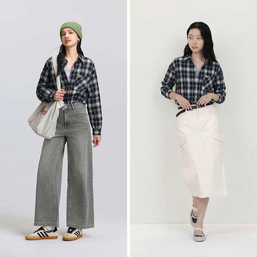 森马长袖衬衫女春季短背心宽松格纹衬衣复古港风盐系小个子两件套 商品图4