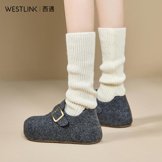 西遇内增高加绒毛呢勃肯鞋女冬季新款厚底保暖毛毛一脚蹬棉鞋V0057363 商品图2