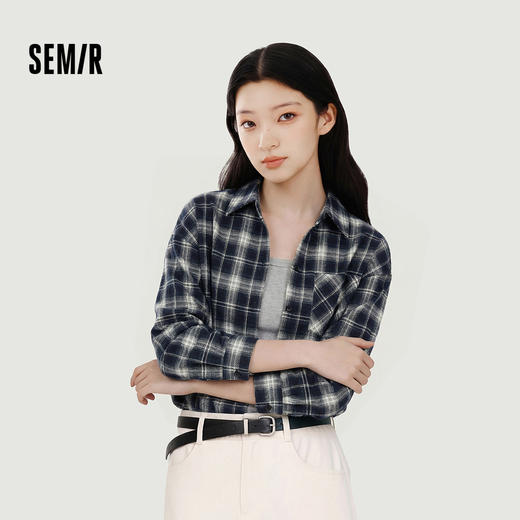 森马长袖衬衫女春季短背心宽松格纹衬衣复古港风盐系小个子两件套 商品图0