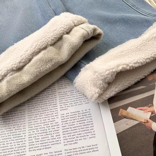 D121810冬季新款拼接羊羔毛高腰复合绒加厚直筒九分牛仔裤 商品图14