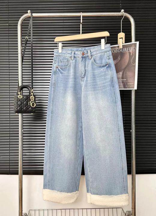 D121810冬季新款拼接羊羔毛高腰复合绒加厚直筒九分牛仔裤 商品图10