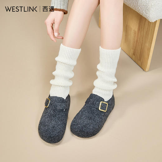 西遇内增高加绒毛呢勃肯鞋女冬季新款厚底保暖毛毛一脚蹬棉鞋V0057363 商品图1