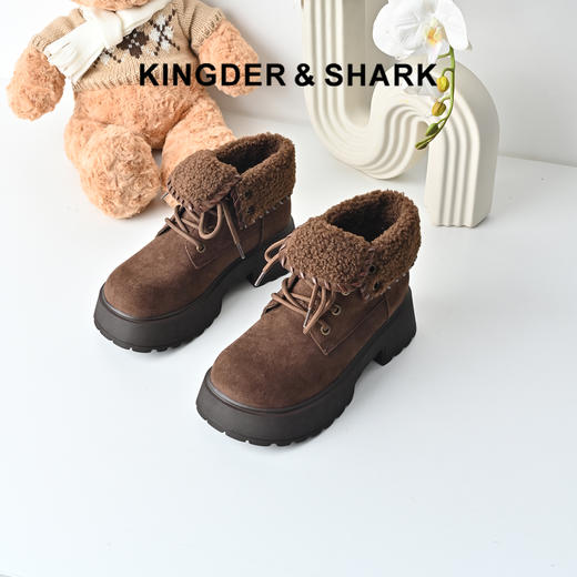 经典鲨2025冬季专柜新品百搭圆头平底加绒保暖工装靴短靴女KW89-558221 商品图0