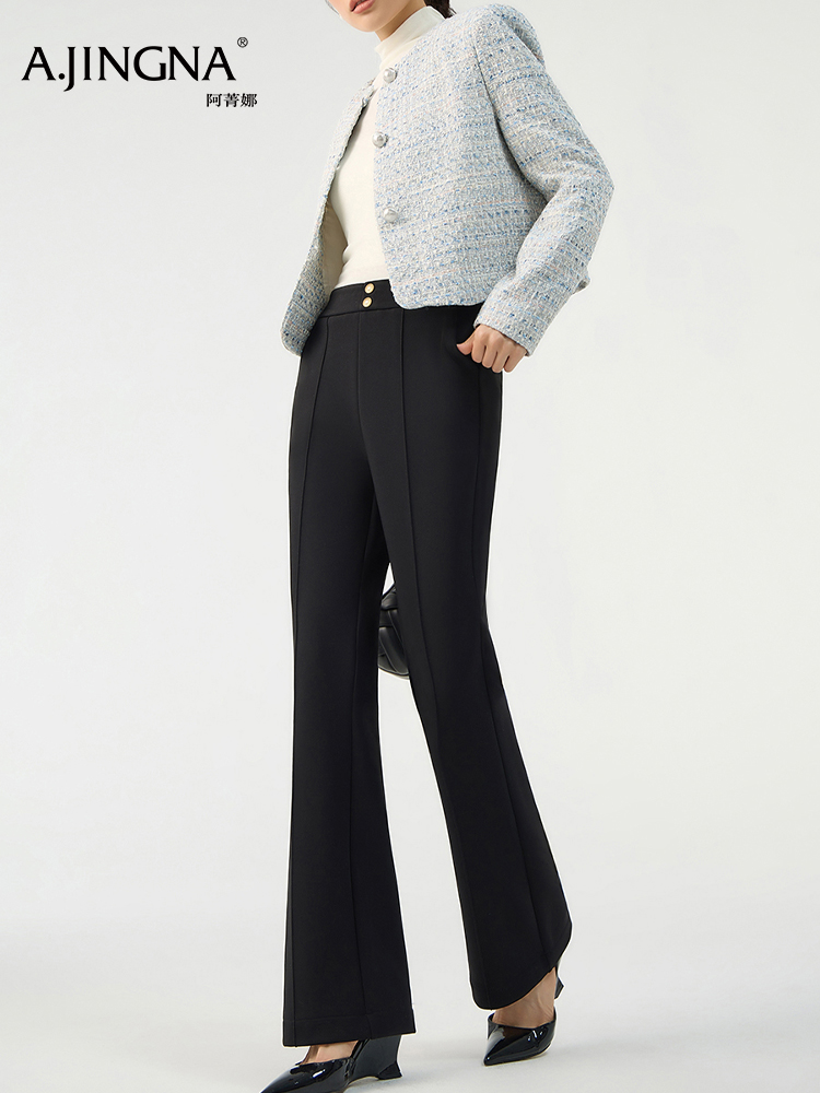 【5D剪裁】阿菁娜冬季新款钻石纹小黑裤羊毛蚕丝内里保暖5D剪裁高腰微喇F30D210029