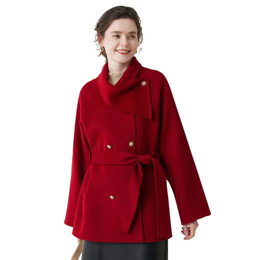 「自」全新升级【铂金会员349/天猫469/差价120】(22248)洛诗琳新年红羊毛双面呢大衣2025冬季围脖领中长款呢子外套 商品图4