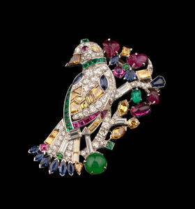 独角鹿西洋古董20世纪欧洲出品天堂鸟造型铂金镶嵌红宝石黄钻蓝宝石祖母绿及钻石胸针